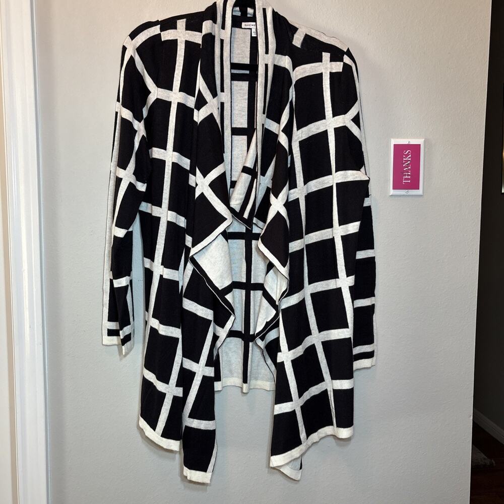 Isaac Mizrahi Window Pane Draped Front Cardigan, Cozy Black/White, L